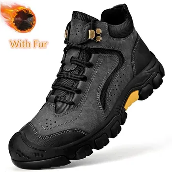 Fashion Men Outdoor Sneakers Snow Boots Warm Plush Fur Winter Boots Genuine Leather Stylish Mens Leisure Boots 2024 Luxury Ankle Boots 38
