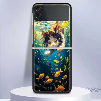 Мультяшный милый кот рыба эстетика для Samsung Galaxy Z Flip 5 4 3 5G чехол для телефона черный твердый чехол ZFlip 5 4 3 роскошный ударопрочный чехол Samsung Z Flip 5