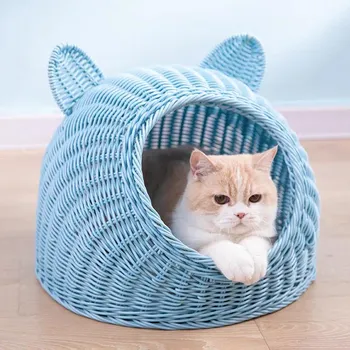 Ручная работа, дорожная кровать-гнездо для кошек, моющаяся, на все времена года, универсальная, симпатичная форма, закрытый имитация ротангового домика, прочная, долговечная S 38X38CM