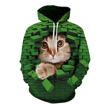 Kawaii Cat Wall Brick Graphic 3D Graphic Hoodie Men Y2k Tops Women Cute Animal Print Sweatshirt Kids Funny Casual Hooded Clothing S