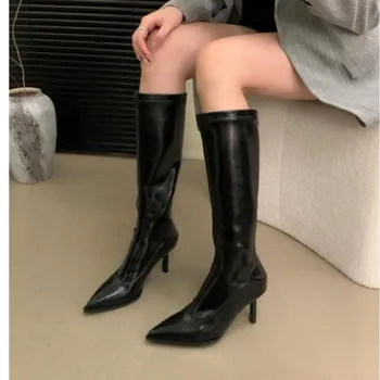 Fashion New Women Sexy Leopard Print Boots Fashion Knee-High Pointed Toe Thin High Heels Shoes Zipper Long Booties Fashion Show Shoes 35 леопардовый