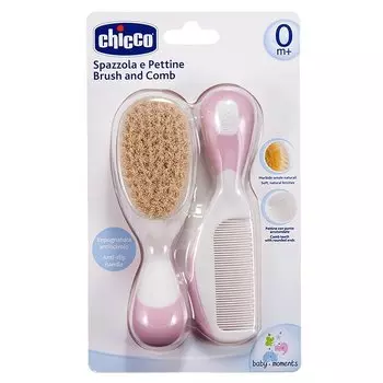 Chicco Набор детский расческа+щетка натуральная щетина Розовый