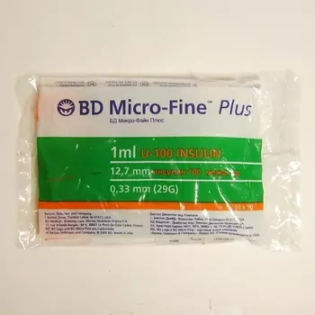 BD Микро-Файн Плюс Шприцы инсулиновые 0,33 мм х 12,7 мм U-100 1 мл 10 шт