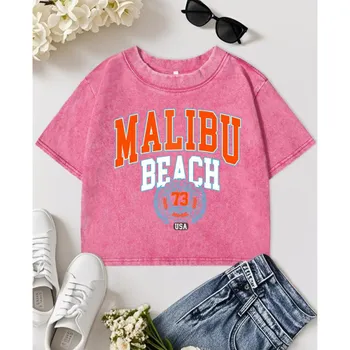 Женская выстиранная футболка с принтом букв Malibu Beach Usa City, облегающая, из хлопка, с круглым вырезом, уличная одежда M