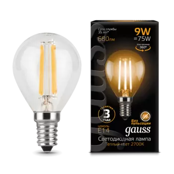 Лампа светодиодная E14 шар, 9Вт, 2700K / теплый свет, 680лм, филаментная, Gauss Filament (105801109)