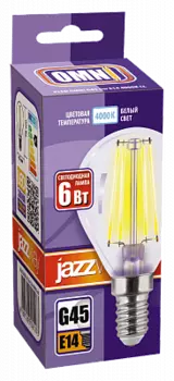 Лампа светодиодная E14 шар/G45, 6Вт, 4000K / белый, 600лм, филаментная, Jazzway PLED OMNI G45 6w E14 4000K CL (5021037)