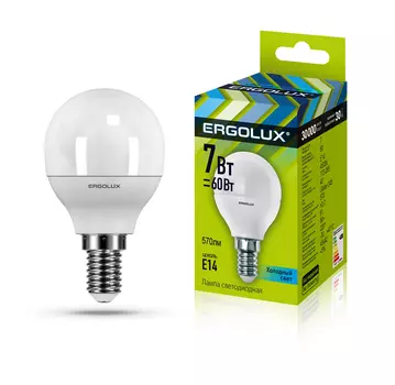 Лампа светодиодная E14 шар/G45, 7Вт, 4500K / холодный свет, 675лм, ERGOLUX LED-G45-7W-E14-4K (12144)