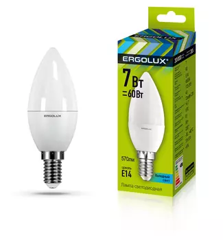 Лампа светодиодная E14 свеча/C35, 7Вт, 4500K / холодный свет, 675лм, ERGOLUX LED-C35-7W-E14-4K (12135)