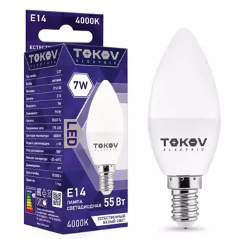 Лампа светодиодная E14 свеча/C37, 7Вт, 4000 K / нейтральный свет, 550лм, TOKOV ELECTRIC (TKE-C37-E14-7-4K)
