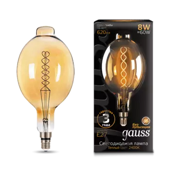 Лампа светодиодная E27/BT180, 8Вт, 2400K / теплый свет, 620лм, филаментная, Gauss Vintage Filament Flexible (152802008)