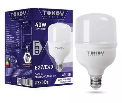 Лампа светодиодная E27/E40 груша, 40Вт, 4000 K / нейтральный свет, 3600лм, TOKOV ELECTRIC (TKE-HP-E40/E27-40-4K)
