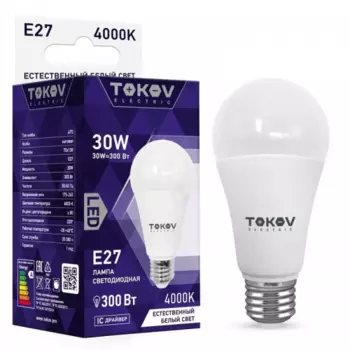 Лампа светодиодная E27 груша, 30Вт, 4000K-4000K / белый, 2700лм, TOKOV ELECTRIC (TKE-A70-E27-30-4K)