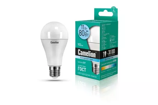 Лампа светодиодная E27 груша/A60, 11Вт, 4500K / холодный свет, 900лм, Camelion LED11-A60/845/E27 (12036)
