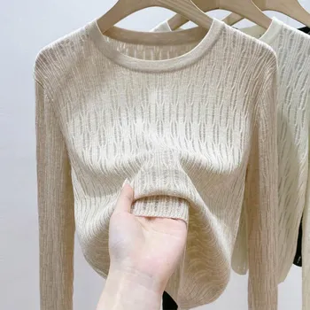 Женские свитера, пуловеры 2025 Осень-Зима Длинный рукав О-образный вырез Черный вязаный свитер Женские топы Пуловер JJ109 One Size чёрный