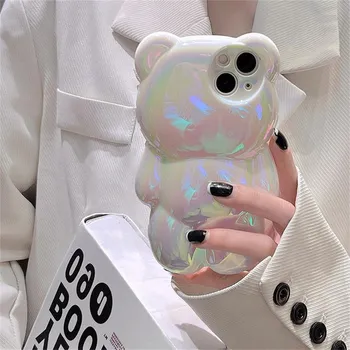 Корейский милый 3d лазерный медведь прозрачный чехол для телефона для Iphone 14 13 12 11 Pro Max стильный силиконовый противоударный мягкий чехол Funda For iPhone 11