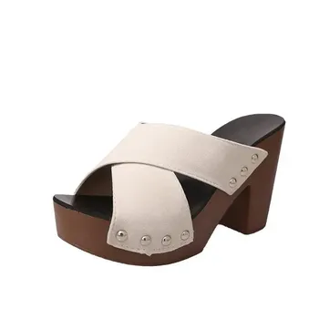 Fashion Summer Women Sandals Square High Heel Platform Casual Rivet Pumps Peep Toe Female Elegant Ladies Shoes 35 чёрный