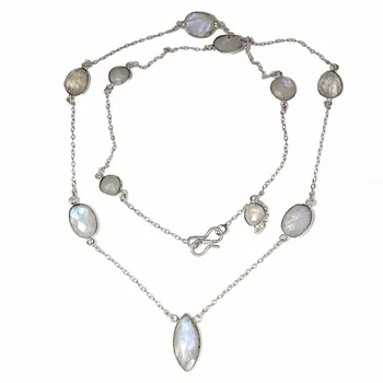 Ожерелье Лунный камень Feceted Gemstone Handmade Antique Silver Jewelry 35