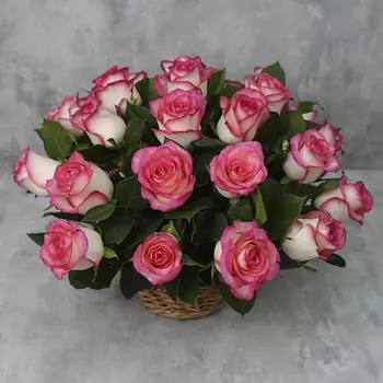 FLORPRO Корзина из 25 роз «Розовые розы Джумилия с зеленью»