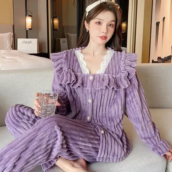 Новый стиль Senior Sense Princess Wind Пижама женская коралловая фланель зимний комплект из двух предметов кашемировый утолщенный костюм M белый