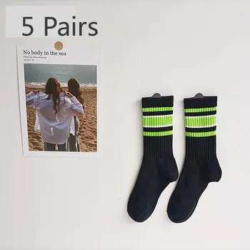 5 Pair Socks Women s Mid-tube Striped Sports Socks 5 Pairs белый/чёрный
