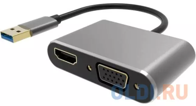 Кабель-переходник USB 3.0 (Am) --> HDMI(f)+VGA(f), Aluminum Shell, VCOM 