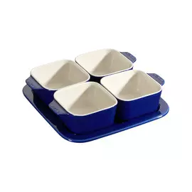 Набор для подачи закусок Staub 5пр: поднос квадратный 19см и 4 ёмкости 0,5л, керамика, тёмно-синий