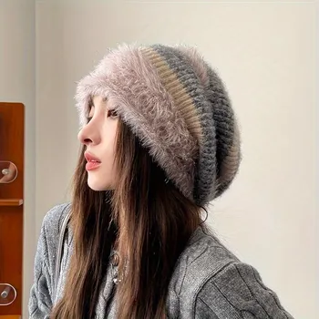 2025 Women s Winter Chunky Knit Beanie - 100% Acrylic Plush Lined Elastic Slouchy Hat, Lightweight Thermal Warmth, Hand Washable, Cap for Daily Wear