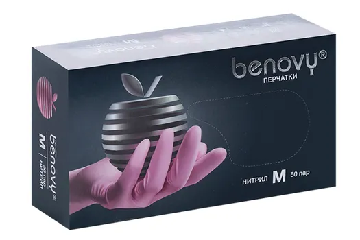 Перчатки Benovy смотр/нитрил/нестерил/неопуд текстур на пальцах с однокр хлоринацией роз пара M, 50 шт, пара