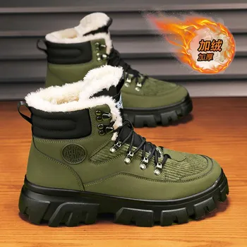 Fashion Winter Plus Velvet Warm Snow Boots for Men Simple Lace-up Cold-proof Casual Ankle Boots Outdoor Comfortable Plush Cotton Shoes 39 хаки