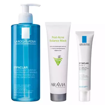 Набор бестселлеров для ухода за жирной проблемной кожей: Aravia Professional маска 100 мл + La Roche-Posay крем 40 мл и гель 400 мл