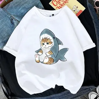 Летняя женская забавная футболка Kawaii Cat для девочек с животными Y2K, модные топы с 3D принтом 90-х годов, футболка для девочек, черная, белая одежда