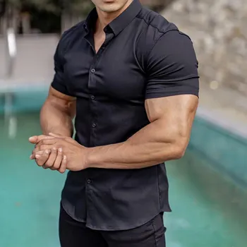Мужская белая деловая рубашка с коротким рукавом и защитой от морщин Muscle Fitness Brothers — летняя профессиональная модель, бесплатная глажка. XXL