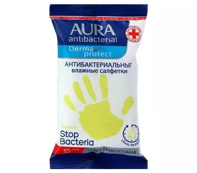 Влажные салфетки Aura антибактериальные, 15 шт, в ассорт