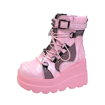 Punk Style Women s Ankle Boots with Studded Buckle Decor and Wedge Heel 36 белый
