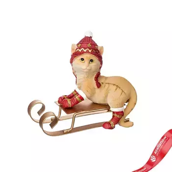 Сувенир Котенок на санях новогодний, H11,5х6х9,5см, коричневый/красный