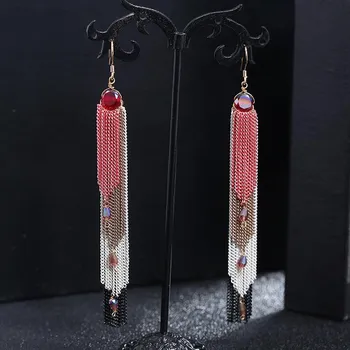 Retro trendy bohemian crystal fringed earrings 925 silver stud earrings temperament long women s personalized earrings