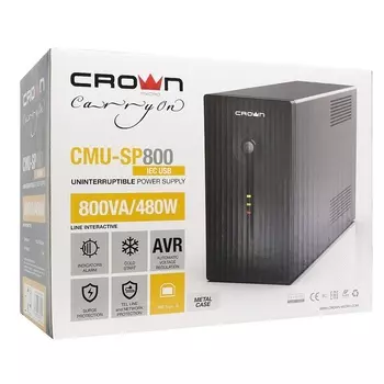 ИБП CROWN 800VA/480W, металл, 1x12V/9AH, выходные розетки 8*IEC С13 + 1*IEC С13 bybass, трансформатор AVR 140-290V,