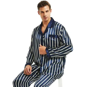 Мужская шелковая атласная пижама в полоску, Размеры S ~ 4XL