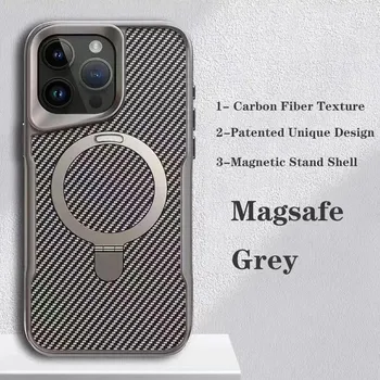 Роскошный простой невидимый чехол-подставка для iPhone 16 15 14 13 12 Pro Max MagSafe с беспроводной зарядкой, нескользящая задняя крышка из углеродного волокна For iPhone 16 Pro Max чёрный