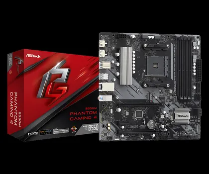 Материнская плата ASRock B550M PHANTOM GAMING 4, SocketAM4, AMD B550, 4xDDR4, 2PCI-Ex16, 4SATA3, 7.1-ch, GLAN, 8 USB 3.2, HDMI, DP, mATX, Retail