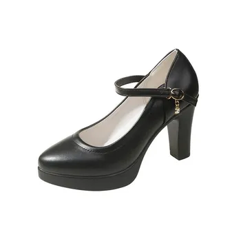 Ankle Strap Thick Heels Pumps for Women Pu Office High Heeled Shoes Woman s Elegant Platform Mary Jane Shoes Casual 35 бежевый
