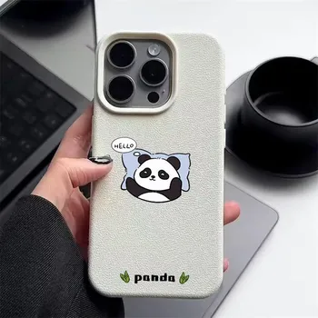 Прекрасный матовый тонкий чехол для телефона с рисунком Hello Panda для iPhone 16 Pro Max 15 Pro 14 13 12 11, кожаная текстура, противоударный мягкий бампер из ТПУ iPhone 16 чёрный