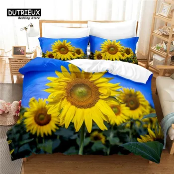 Digital Printing Sunflower Bedding Set, Duvet Cover Set, Linen, Queen Size, Fashion Design 150x200cm 3pcs