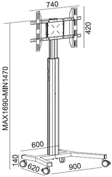Стойка мобильная 2MVESA MediaPro 110 MDP-0110-S для дисплея 30-60", 1690 макс, 2х полки, серебро