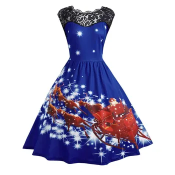 Fashion Women Lace Vintage Christmas Print Sleeveless Swing Party Dress XXXL