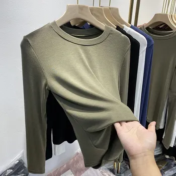Lady Basic O-Neck Slim T-Shirt Women Solid Multi Color All-Match Trend Casual Top Screw Thread Long Sleeve Elastic M кофейный