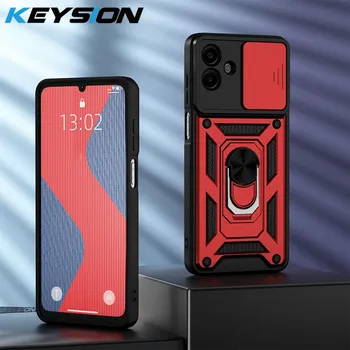 KEYSION Противоударный бронированный чехол для Samsung A07 4G Силикон+ПК Сдвижная защита объектива камеры Кольцо-подставка Чехол для телефона для Galaxy A07 for Samsung A07 чёрный