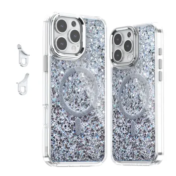 Для iPhone 16 Pro 15 Pro Max 14 Plus 13 12 11 чехол с блестящей беспроводной зарядкой, противоударный металлический каркас объектива для Magsafe Magnetic Clear Soft TPU Phone Cover iPhone 16 чёрный