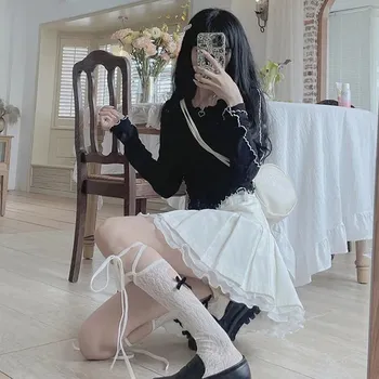 WTEMPO Sweet Kawaii японские плиссированные юбки с высокой талией, весенне-летние мини-юбки в консервативном стиле, черные, белые мини-юбки S чёрный