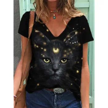 Летний топ с V-образным вырезом и принтом 3D Cat, модные повседневные женские футболки с короткими рукавами S